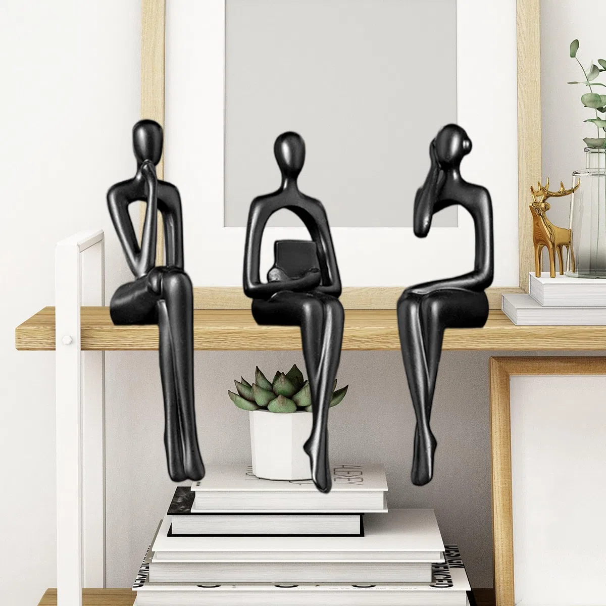Negro Estatuas De Pensador, 3PCS Escultura De Pensador Figuras Decorativas De Arte Abstracto Estatuas Decoración Versátil Esculturas De Resina Modernas De Estar Oficina Estantería Dormitorio