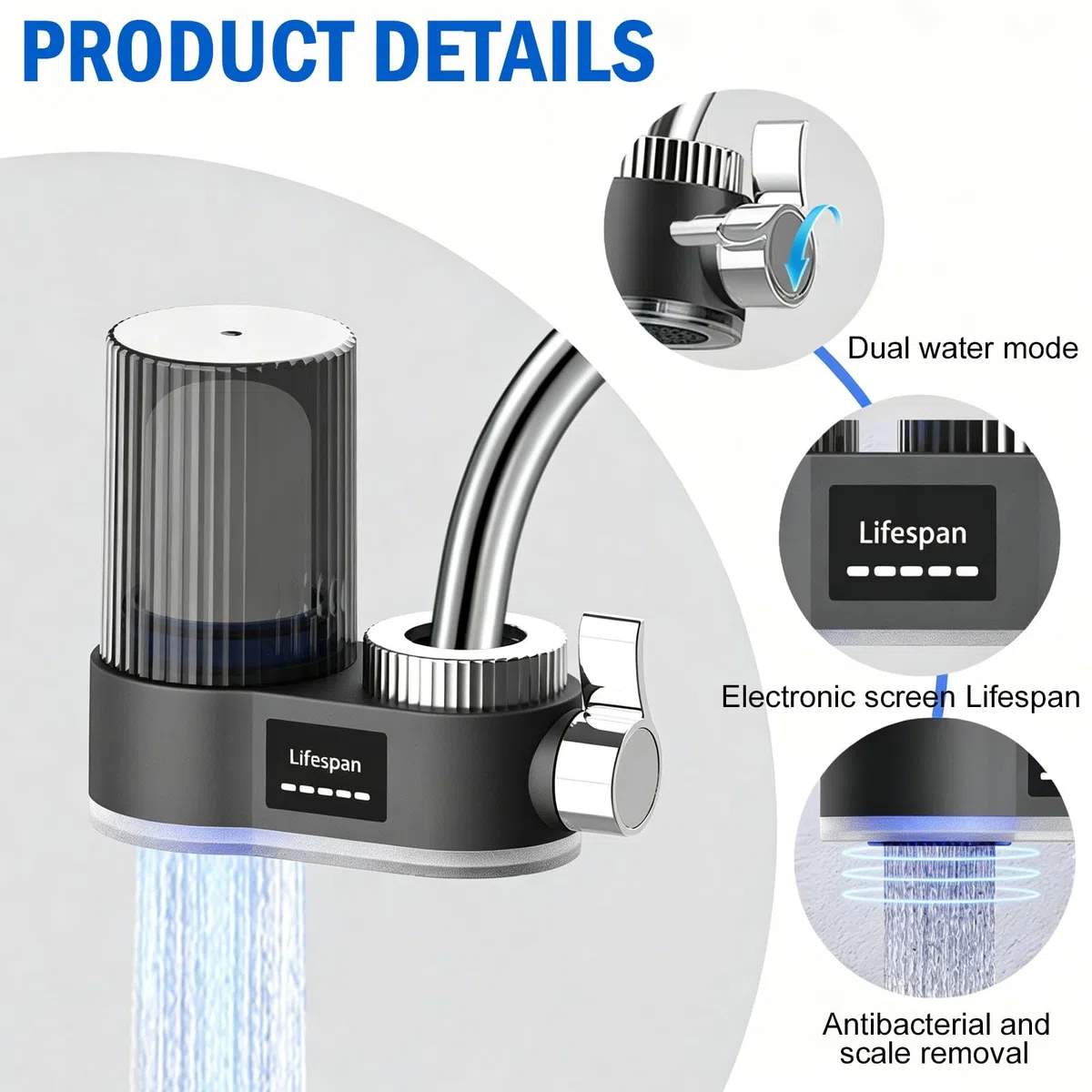 Filtro de agua para grifo con indicador LED, filtro de agua potable, elimina el cloro, metales pesados, esterilización UV, filtro de agua del grifo (con 2 filtros) para cocina, viajes, mascotas