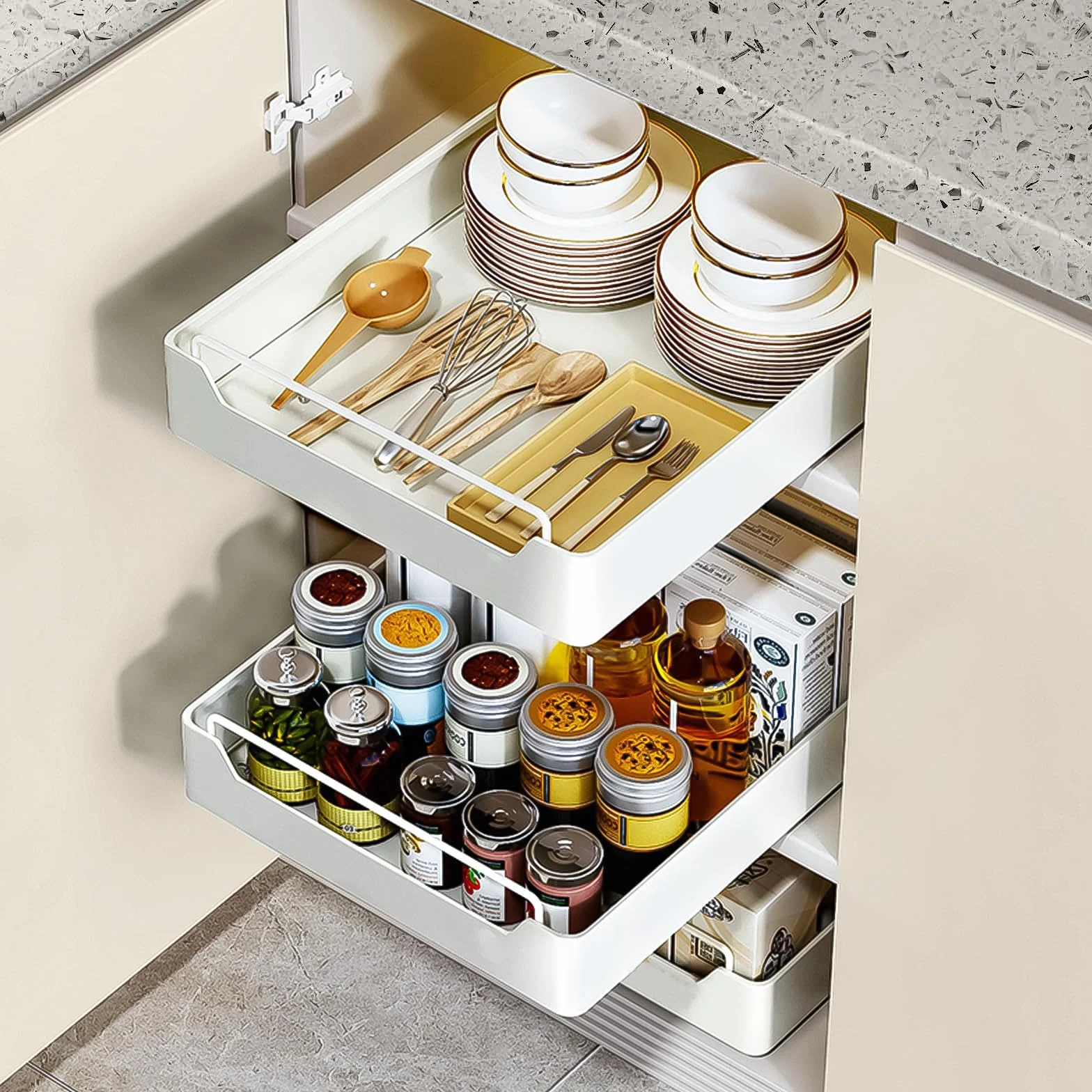 PUWOWYE Cajón Telescópico, Cajones Extraibles para Cocina, Cajón Deslizante Para Alacena para Armarios de Cocina, Salón, Hogar (30 cm An x 43 cm F x 7 cm Al), No Requiere Taladrar, Blanco