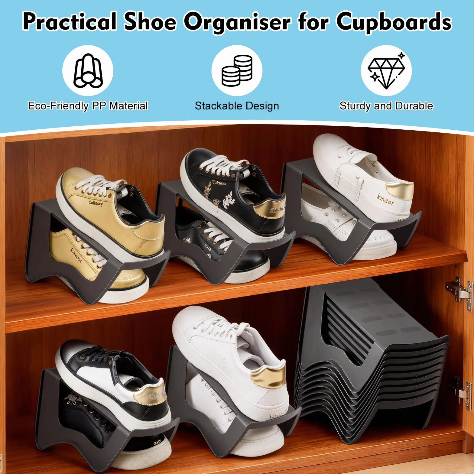 10pcs Organizador Zapatos, Antideslizante Organizador de Zapatos para Armario, Guarda Zapatos Armario de Plástico PP, Ahorro de Espacio Shoe Organizer Exhibidor para Zapato Tacón Zapatillas (Gris)