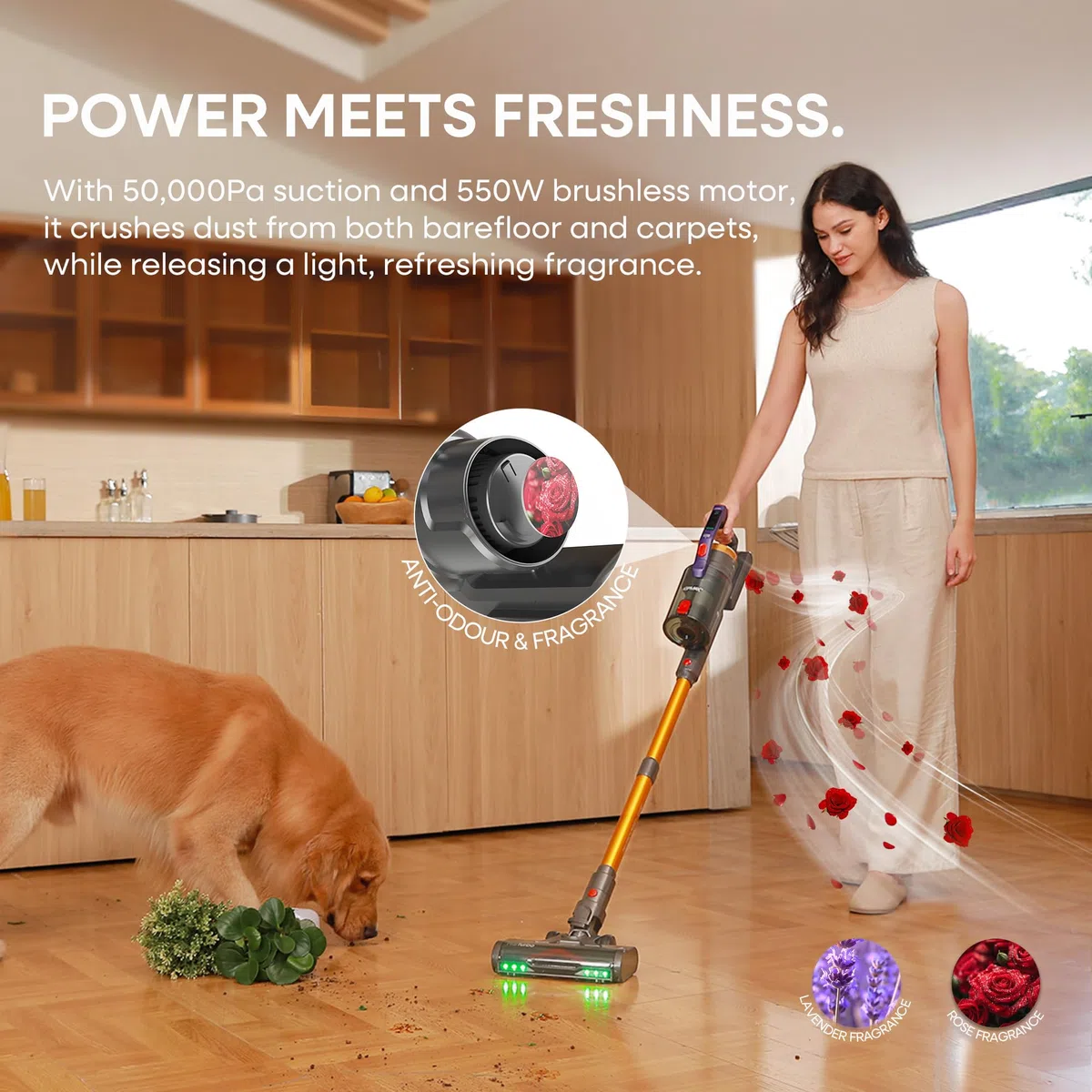 KIPMAX Aspirador Escoba Inalámbrico, para Suelos Duros, Alfombras, Animales y Coche, 550 W/50 KPa/70 Mins Aspirador Inalámbrico Potente, con Base de Carga y Almacenamiento, Perfumado, Cepillo