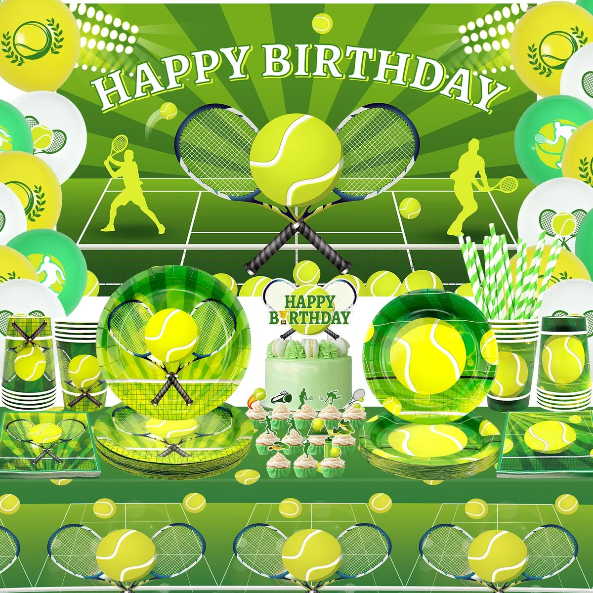 Decoraciones de fiesta de cumpleaños de tenis – Accesorios para fiestas de tenis incluyendo decoración de tartas, platos, decoración de tartas, vasos, servilletas, globos, manteles, para 20