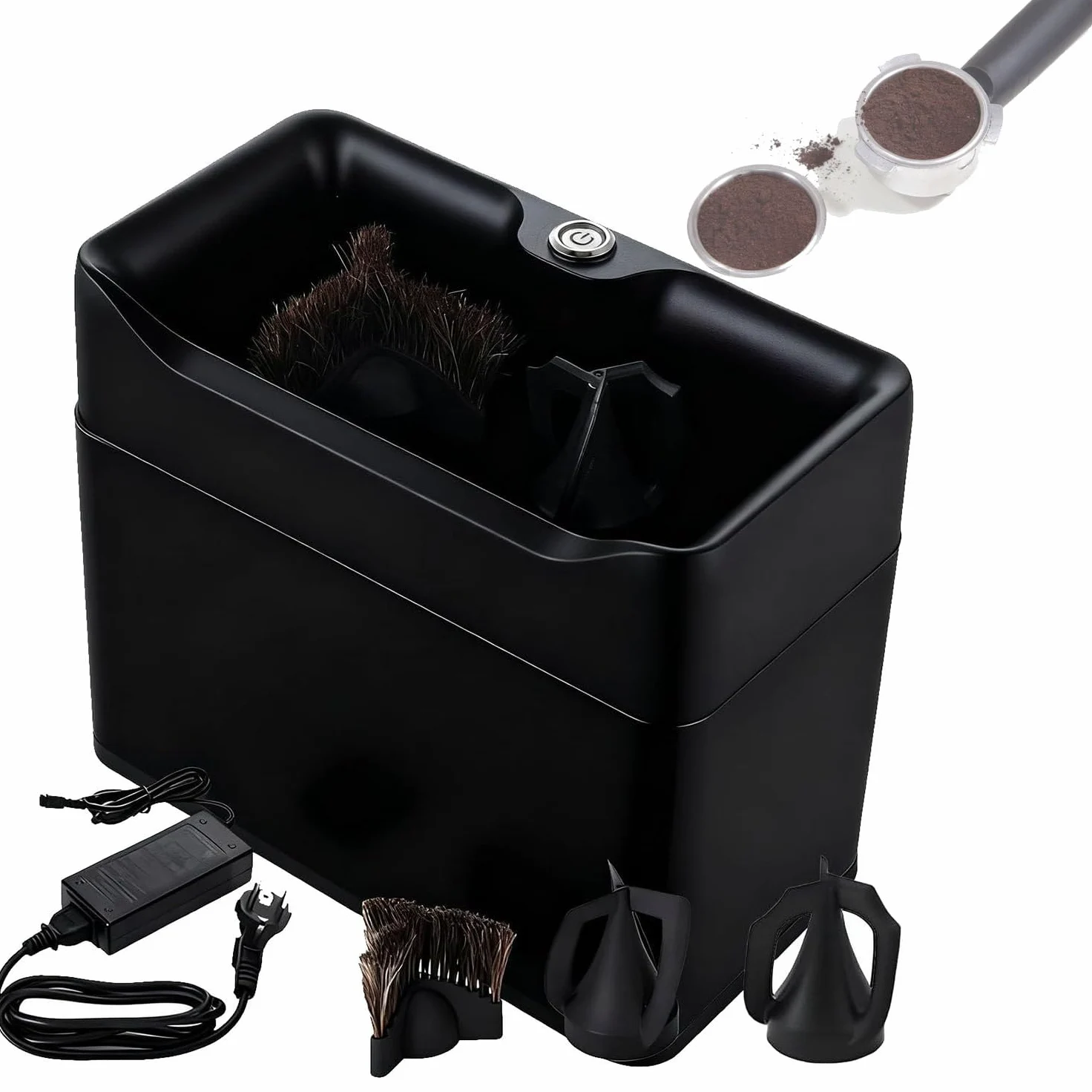 Limpiador Portafiltros Cafe Eléctrico,Limpiadora Portafiltros Eléctrica, Limpieza automática,1 Cepillo+2 raspadores,Compacto,para Barista y Uso doméstico Black