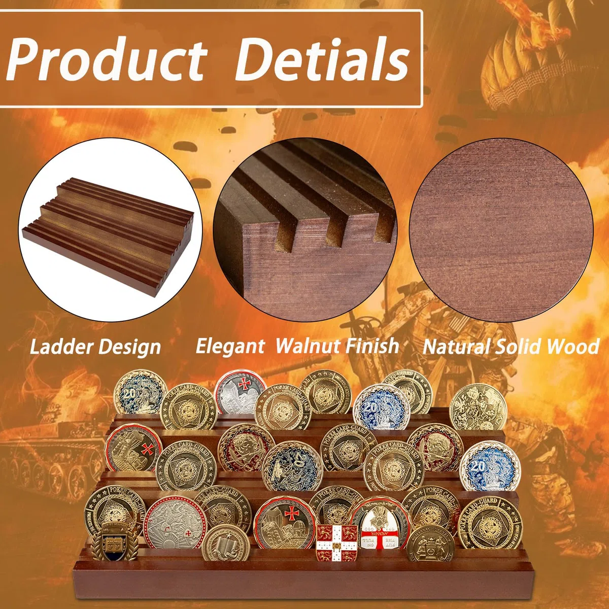Estantería para Monedas de Madera Maciza - Expositor Militar 3 Niveles con 9 Filas Organizador de Colección para 55-80 Monedas, Decoración de Escritorio en Marrón Oscuro