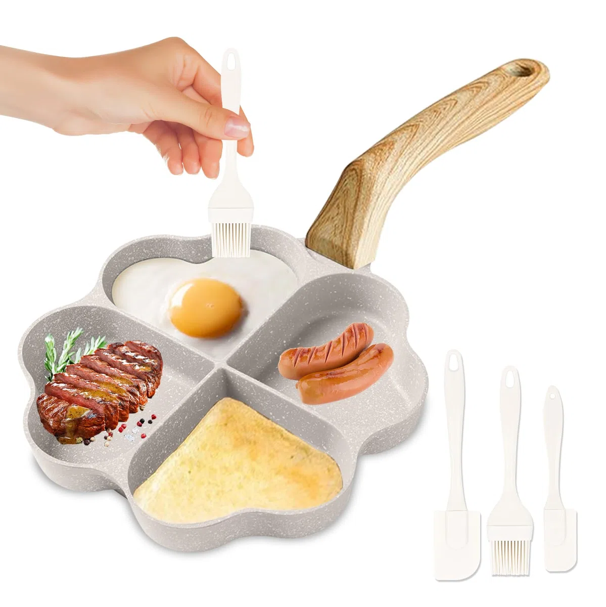 Estufa de huevos en forma de corazón con 4 agujeros, antiadherente, con 3 espátulas de silicona, mango de madera, para panqueques, tortitas, tortitas