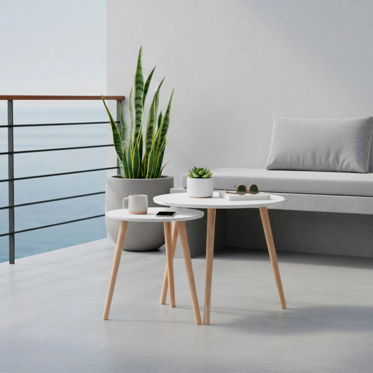 AKTIVE MAX Home Set de 2 mesas auxiliares, D40x44 cm y D50x50 cm, Peso máximo soportado 5kg, Nido, Blancas, Patas de Madera Natural, para salón, Comedor, Oficina (18510)