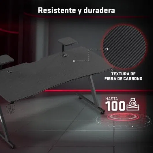 Tempest Sanctuary Mesa Gaming 160x75cm, Superficie Fibra de Carbono, RGB, Cargador Qi, USB Hub, Negra
