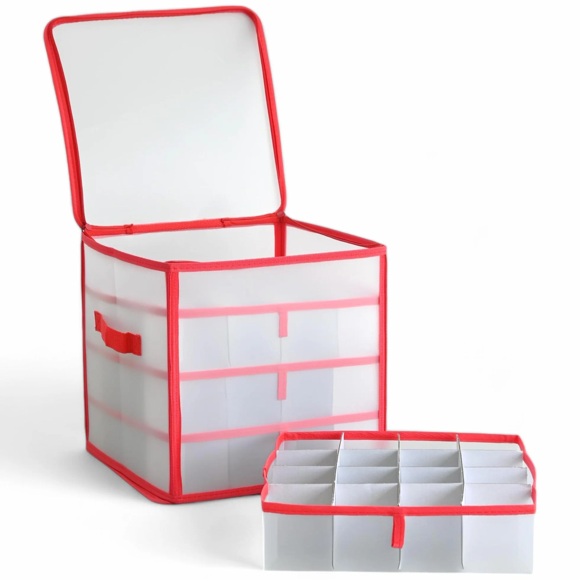 MIJOMA Caja organizadora para bolas de Navidad y adornos navideños, plegable, transparente, 31,5 x 31,5 x 31,5 cm, para 64 piezas, color rojo