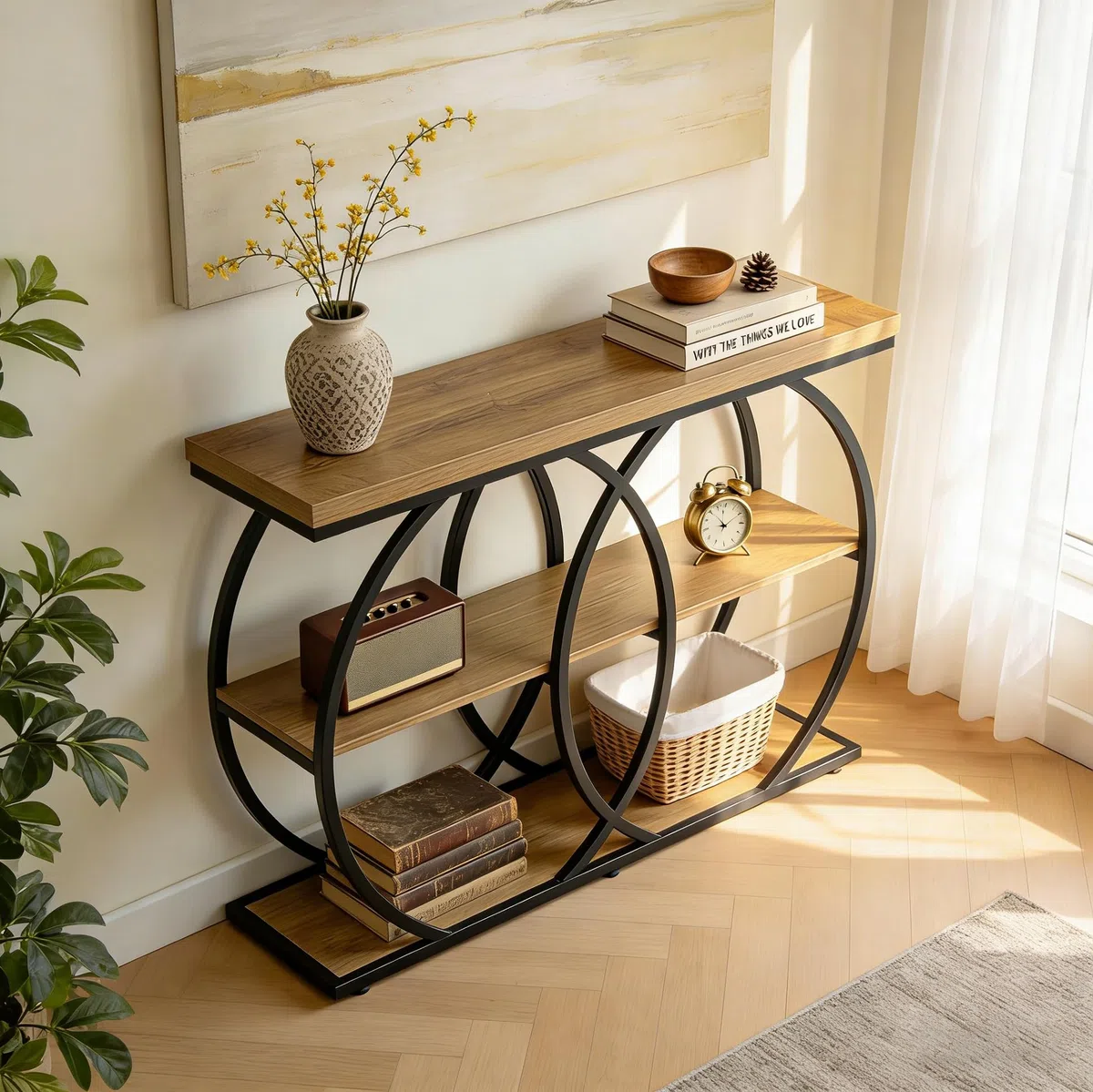 Tribesigns Mesa Consola Industrial 105 cm, Estantería de Entrada de 3 Niveles, Mesa Auxiliar Estrecha con Marco de Metal para Salón, Recibidor y Pasillo, Marrón Rústico