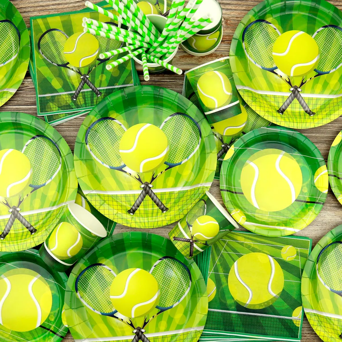 Decoraciones de fiesta de cumpleaños de tenis – Accesorios para fiestas de tenis incluyendo decoración de tartas, platos, decoración de tartas, vasos, servilletas, globos, manteles, para 20