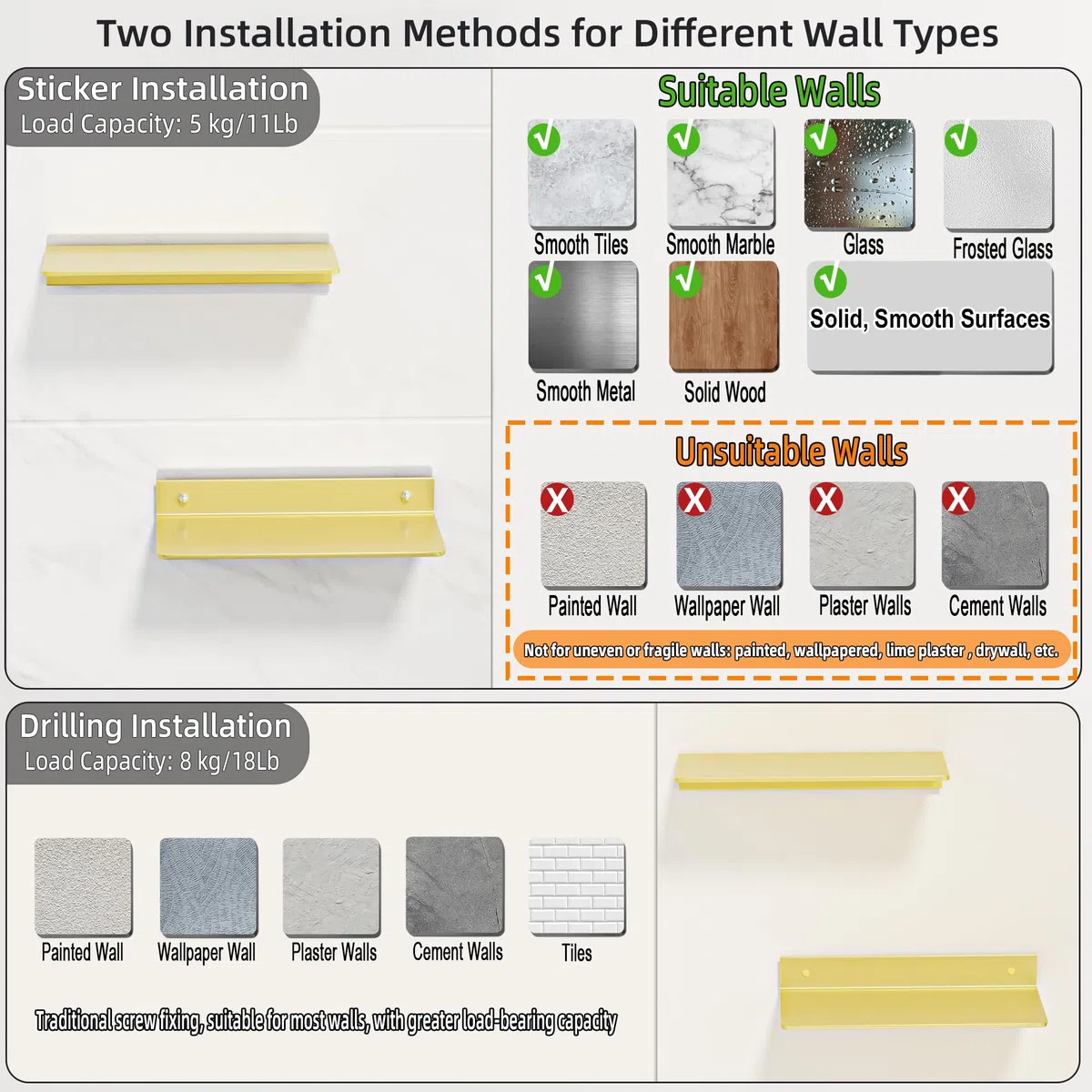 HNVNER Estantes de Pared Juego de 2, Dorado Cepillado, Estanterias Metalicas de Pared Baldas para Salón, Dormitorio, Recibidor, Ducha, Oficina, Estanteria Baño (30 x 12.5 CM)