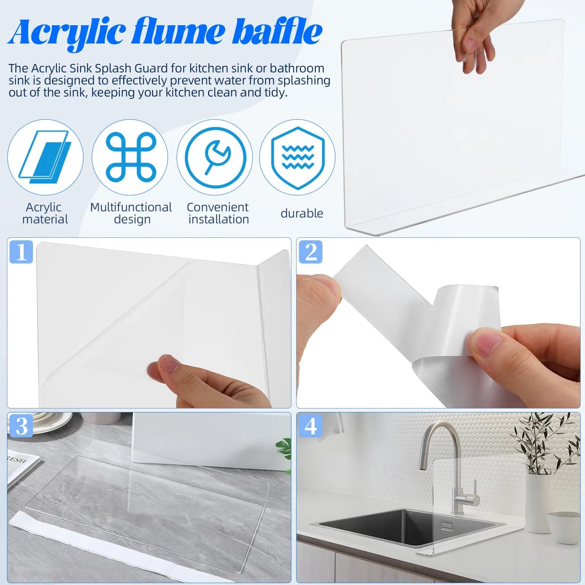 Toyvian Placa Antisalpicaduras de Acrílico para Fregadero de Cocina, Protector Transparente para Lavado de Manos y Platos, Fácil Instalación y Limpieza, Medidas 40X21 CM