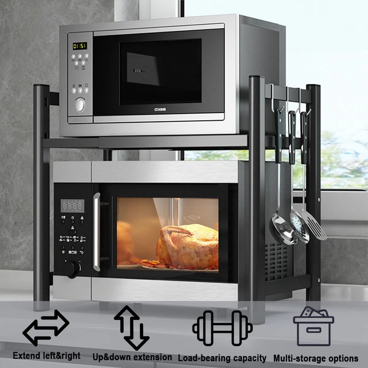 Soporte para microondas, soporte extensible de metal para microondas, soporte de 2 niveles para utensilios de cocina y tablas, encimera de acero al carbono con 6 ganchos