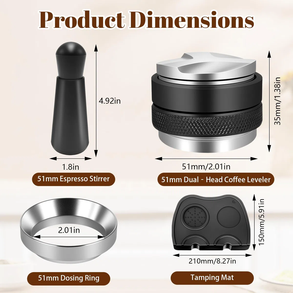 Set Accesorios Cafe 51mm, Kit Barista con Tamper 51mm, Anillo Dosador 51mm, Herramienta WDT Cafe 12 Agujas (0.35mm), Distribuidor Cafe 51mm y Alfombrilla Silicona - Prensador de Cafe para Cafeterías