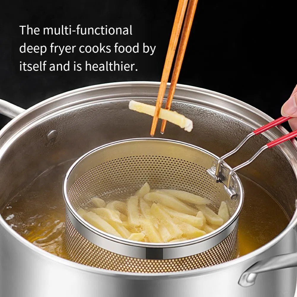 Cesta de pasta de acero inoxidable con colador y funciones de vapor, se adapta a cacerolas medianas, diseñada para drenar pasta cocida y blanquear verduras sin fregadero (05)