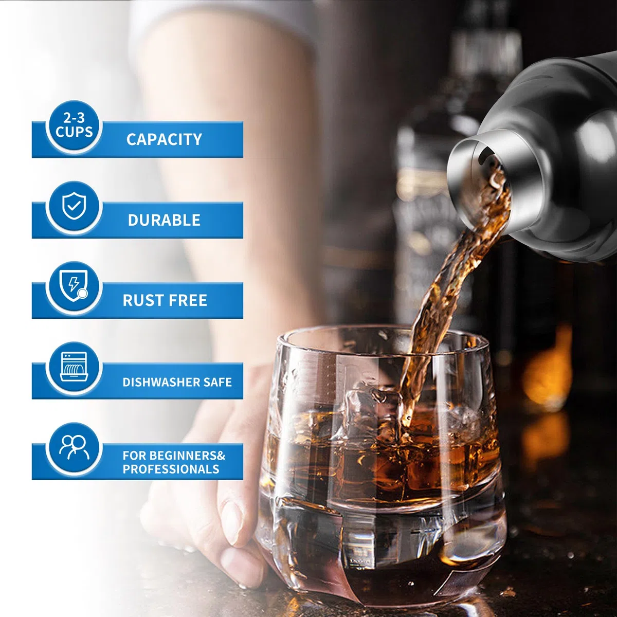 Safring Juego de coctelera de 24 onzas, coctelera de Martini con colador integrado, medidor medidor, cuchara mezcladora, coctelera profesional de acero inoxidable grande para camarero, mezclador de