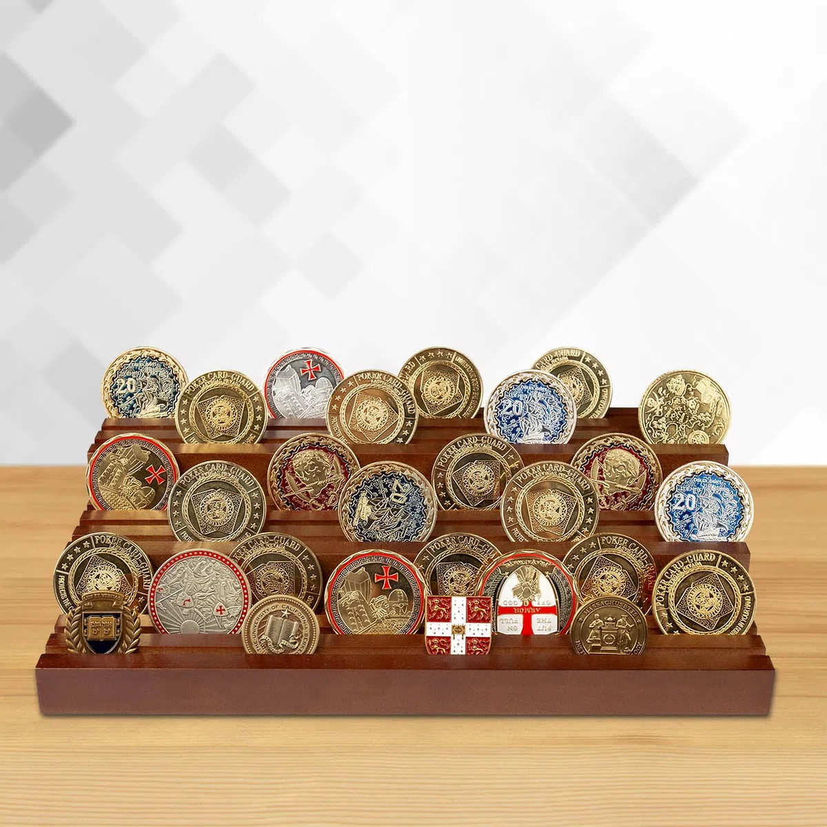 Estantería para Monedas de Madera Maciza - Expositor Militar 3 Niveles con 9 Filas Organizador de Colección para 55-80 Monedas, Decoración de Escritorio en Marrón Oscuro
