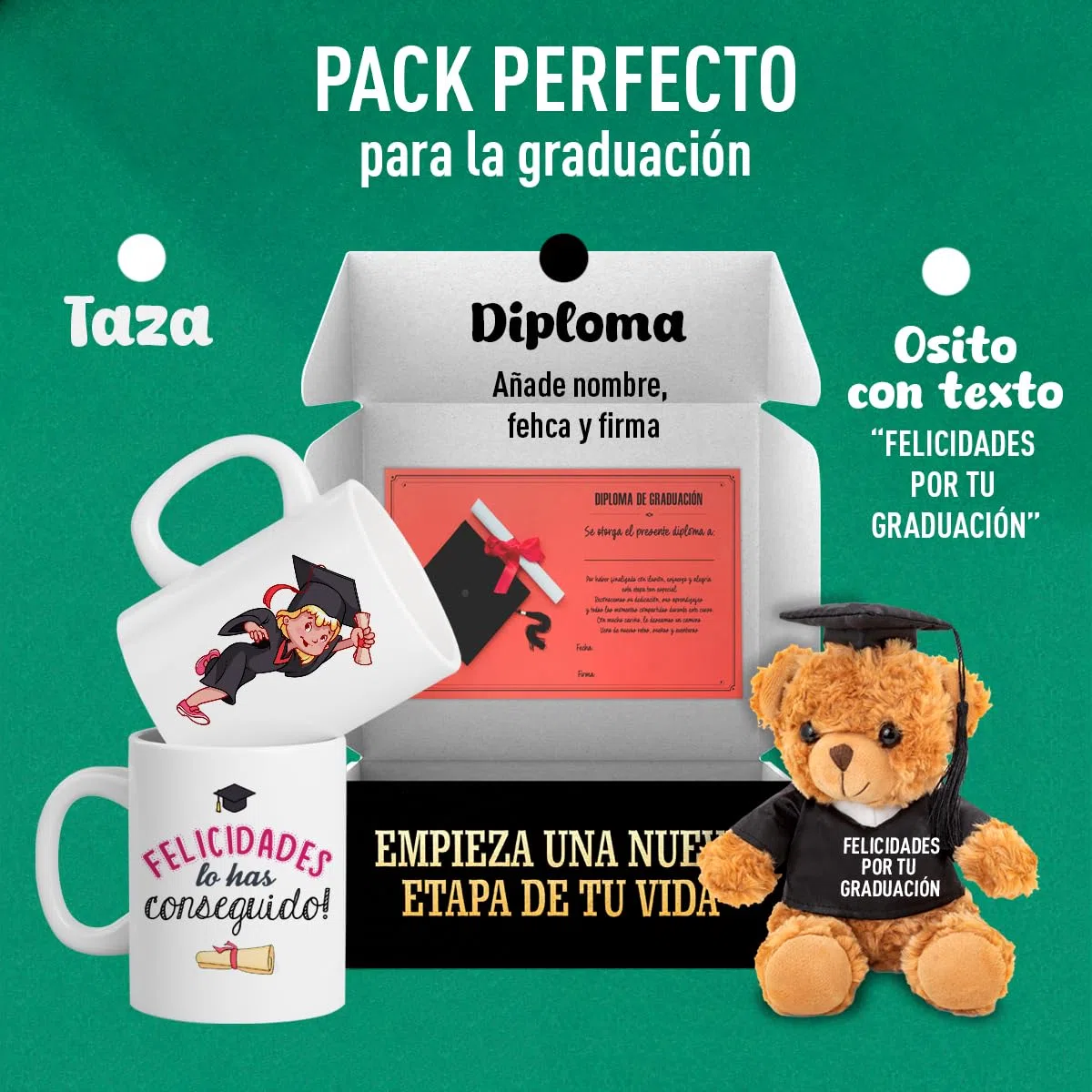 LINFORMAL Pack Regalo Graduación Chica, Regalo de Graduación Original con Taza Graduación y Osito con Camiseta “Feliz Graduación”, Detalle para Graduada, ESO, Bachillerato o Universidad