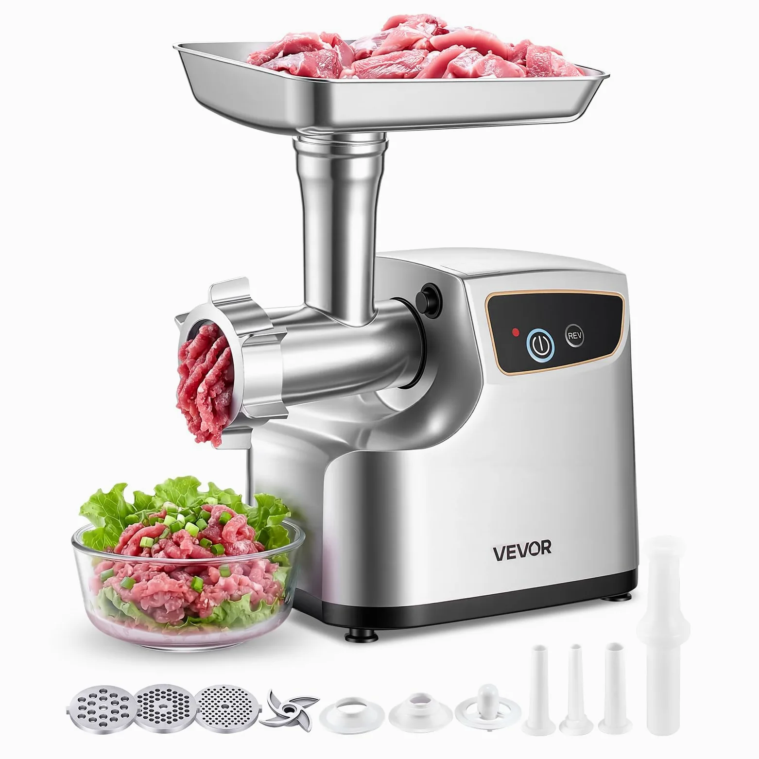 VEVOR Picadora de Carne 700 W 0,77 HP, Picadora de Carne Eléctrica Capacidad de 2,3 kg/min, con 3 Discos de Molienda, 3 Tubos de Embutir Salchichas, para Cocinas Domésticas, Restaurantes, Carnicerías