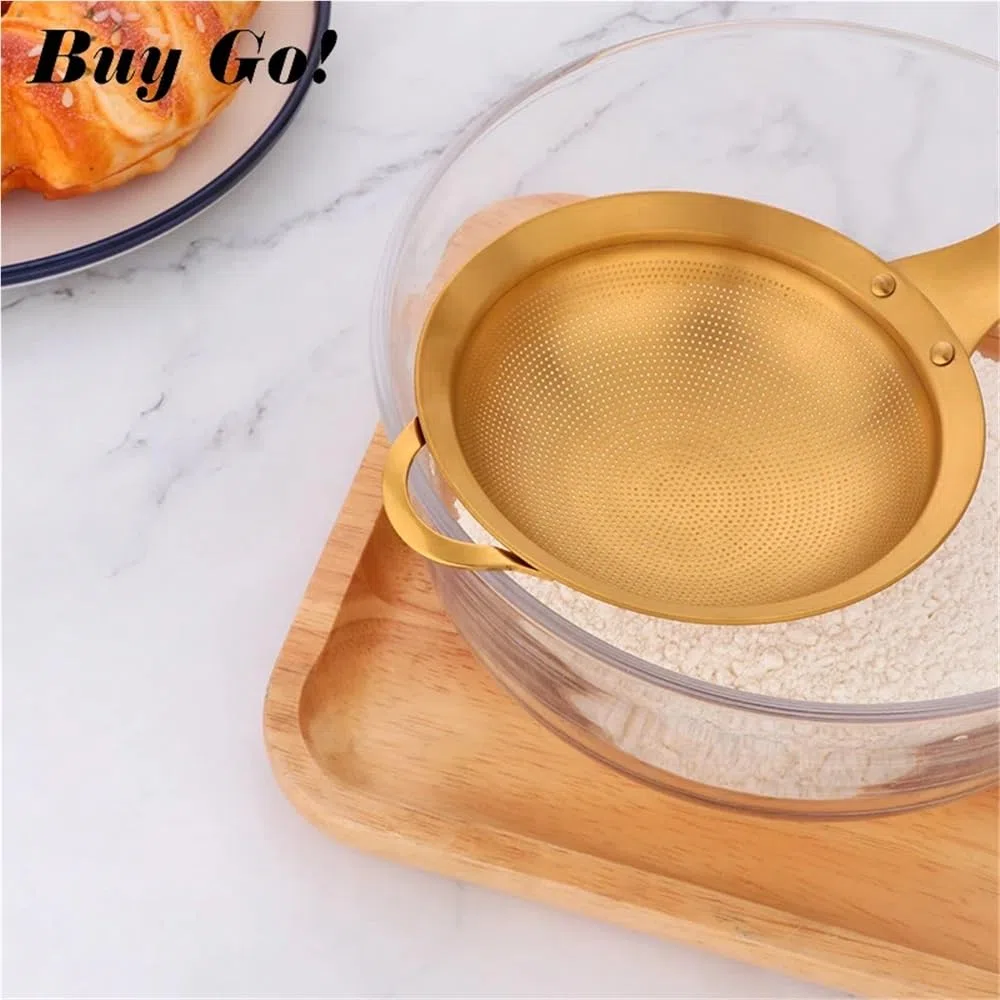 Tamiz de Malla Fina for harina de repostería y azúcar Glas. Tamiz de Cocina de Acero Inoxidable con Mango ergonómico for Pasteles, Bollos y Pasta.(Gold-2pcs)