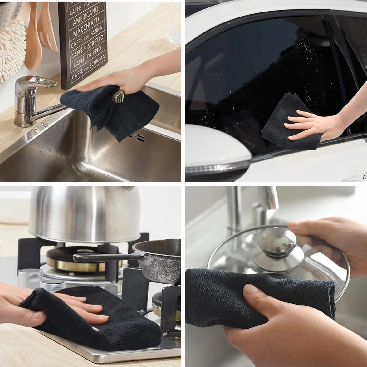 KinHwa Paños de Limpieza de Microfibra Negros, 20 Paquetes de paños de Cocina Gruesos para Fregar Platos, superabsorbentes y Suaves, sin Pelusa, para Uso doméstico Multiusos, 30 cm x 30 cm