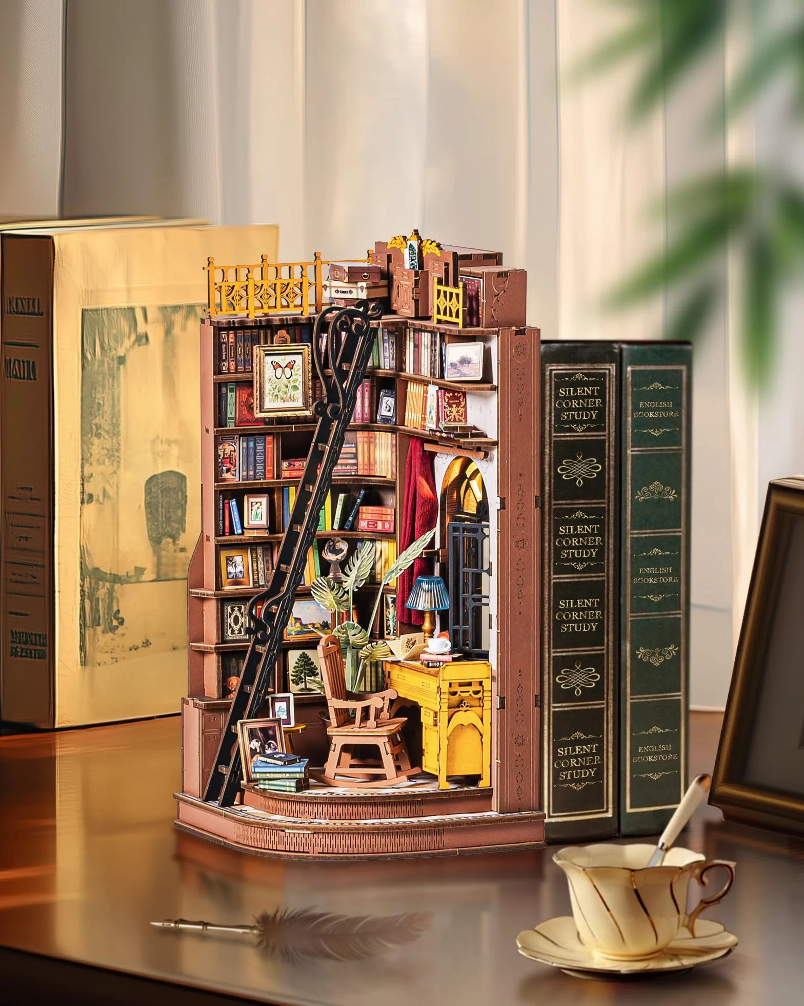 Rolife Book Nook Kit Casas Miniaturas para Montar Silent Corner Study Puzzle Madera 3D Adultos con Luces Decoracion Hogar Libro Maquetas para Construir Adultos Regalo para Profesora Madre Niños