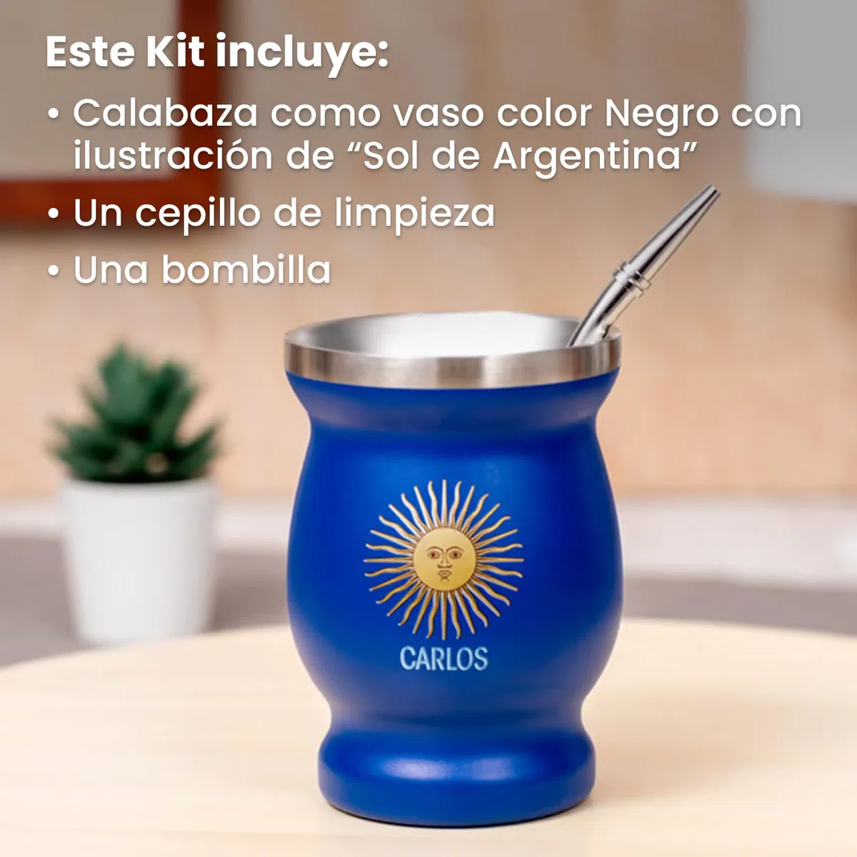 Regalo Original - Kit Mate Argentino de Acero Inoxidable - Calabaza con Ilustración de “El mate de…” Personalizable con Nombre y Color - Vaso 250 ml de Doble Pared, Bombilla y Cepillo