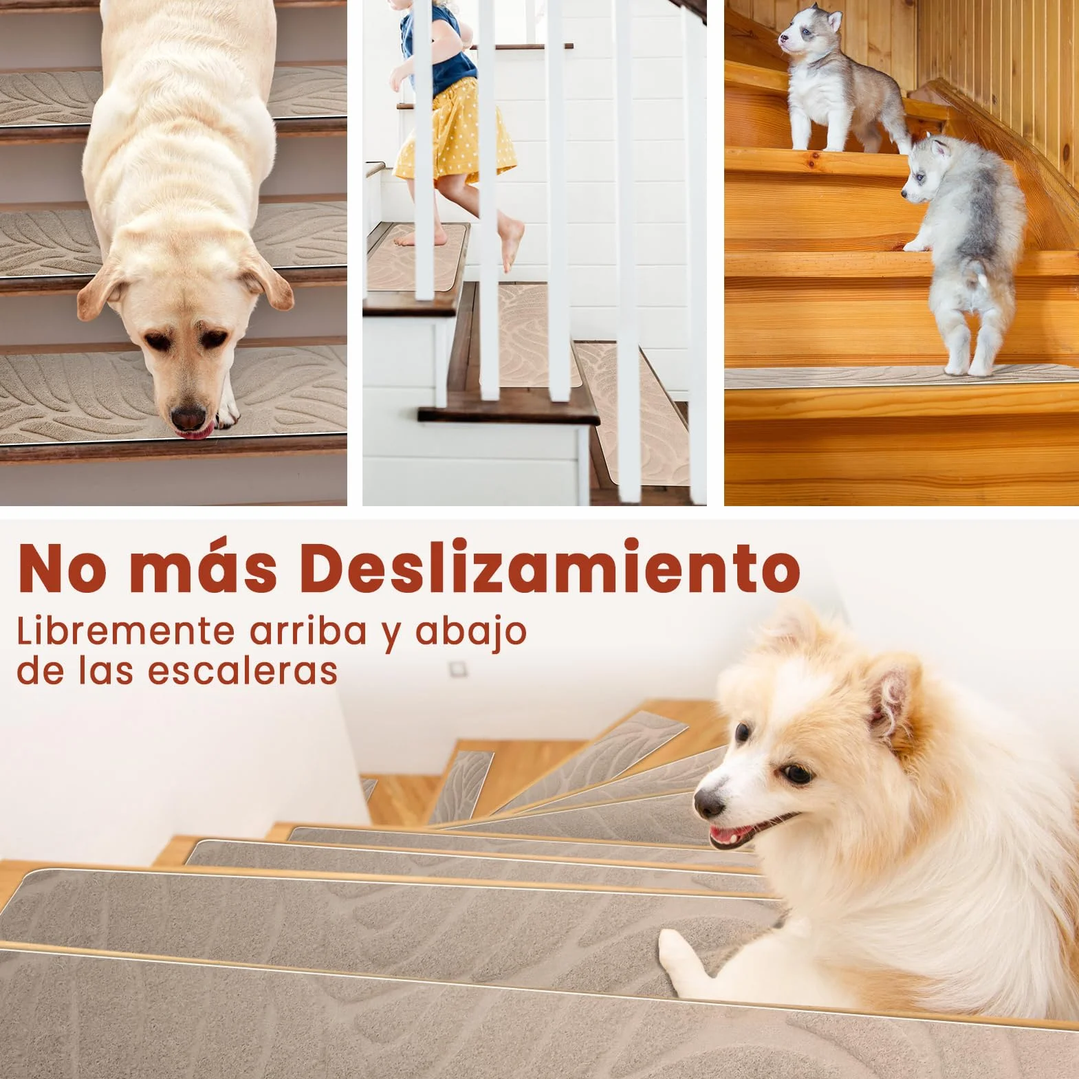 Alfombrillas para Escaleras Antideslizantes, 15 Alfombrillas Autoadhesivas Escalones Interiores, Recortables y Reutilizables - Protección para Mascotas, Mayores, Niños (Beige, 55x19 cm)