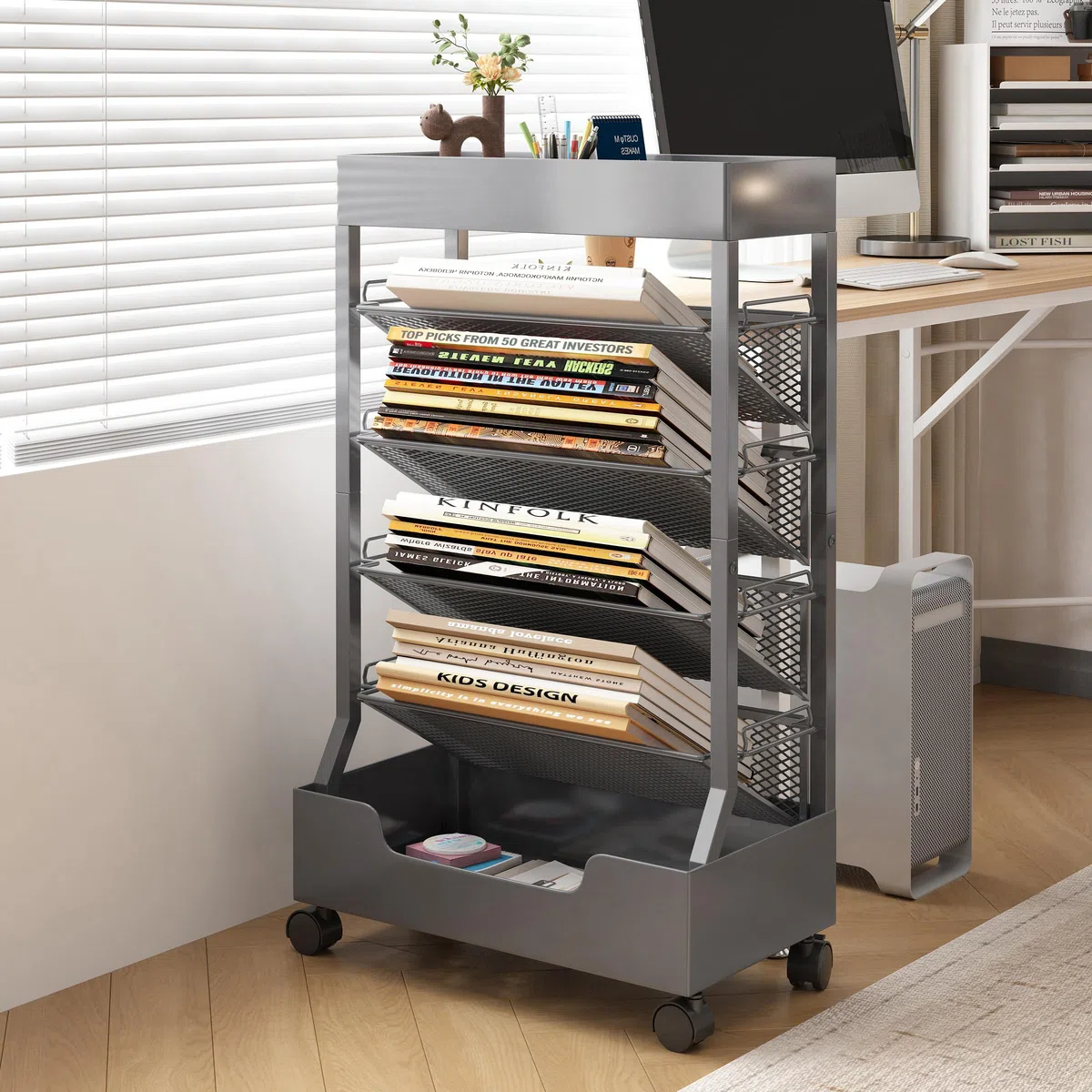 Estantería Móvil con Rueda, Organizador de Escritorio | 6 Niveles, Metal, Carrito Almacenamiento para Libros, Revistas, Gran Capacidad, Estantería de Oficina, Gris