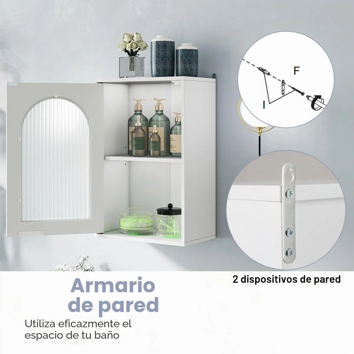 LIFEZEAL Mueble de baño de pared, mueble de cocina de pared, mueble colgante con puerta de cristal, estante ajustable, armario, armario, blanco, salvasapcio, moderno, de madera, 35 x 20 x 52,5 cm