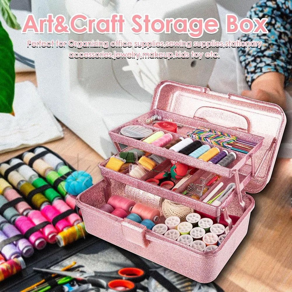 Caja de Almacenamiento de Herramientas para Manualidades y Color Rosa Brillante, Caja de Herramientas de Transporte Apilable de 3, Caja de Costura, Organizador para Arte
