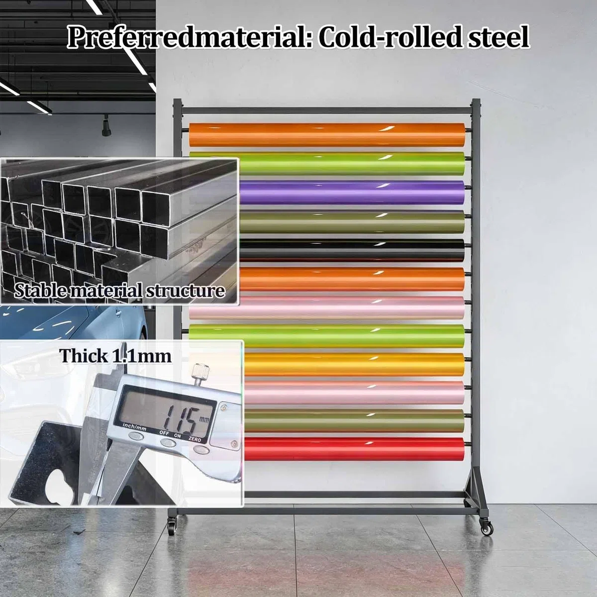 Expositor vinilo rotulación coches, soporte para rollos vinilo con ruedas | Espaciado ajustable, organizador vertical para vinilo, para papel pintado, rollos de tela y manteles, negro(6-tier)