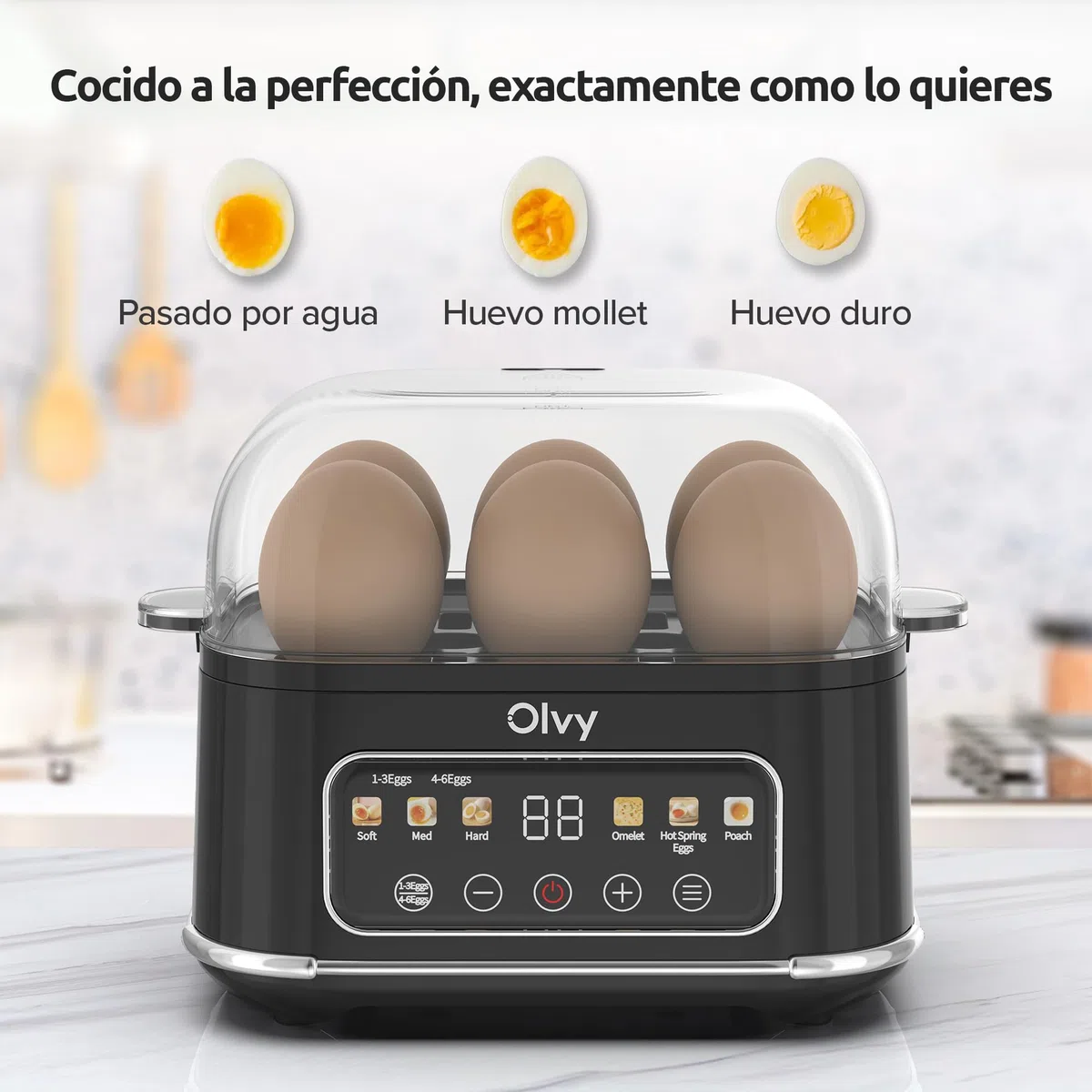 Olvy Hervidor de Huevos Eléctrico 6-en-1 con Temporizador LCD - Cocedor y Cuece Huevos Eléctrico con Apagado Automático y Vaso Medidor - Hervidor de Huevos y Hervidero de Huevos Multifuncional