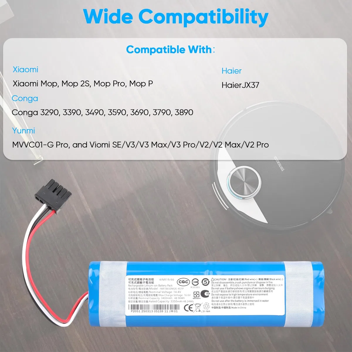 3400mAh 14,4 V Batería Compatible con Xiaomi Mop, Mop 2S, Mop Pro, Mop P Aspiradoras Robot, Conga 3290, 3390, 3490, 3590, 3690, 3790, 3890 Aspiradoras Robot STYTJ02YM XMSTJQR2S