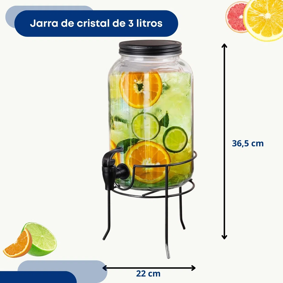 Jarra de cristal, dispensador de bebidas, dispensador de cristal con grifo y soporte negro, 3 L
