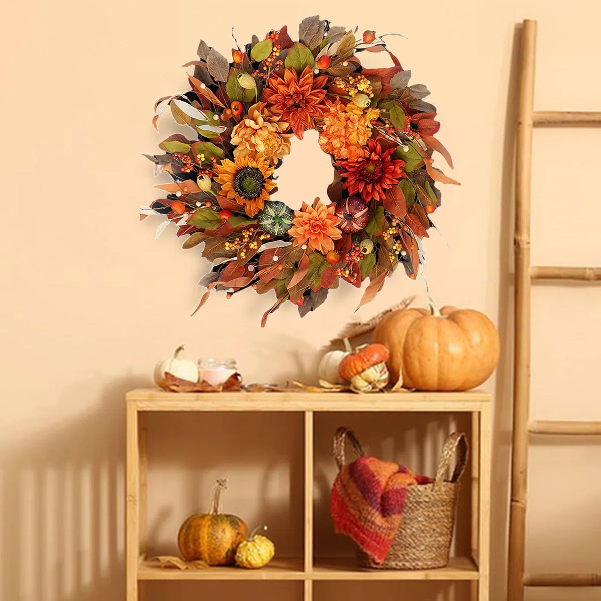 Coronas De Otoño Para La Puerta De Entrada 42 Centímetros Artificial con | Coronas Otoñales para Exterior Para Decoración de Puerta Pared y Ventana para de Acción de Graci