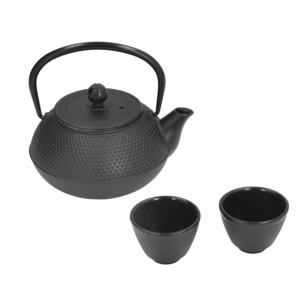 Aramox Juego de Tetera de Hierro Fundido, Juego de Tetera Japonesa de 800 Ml con 2 Tazas, de Hierro Fundido para Hervir y Preparar, de Estufa Negra Grabada para Amantes del té, Uso Familiar