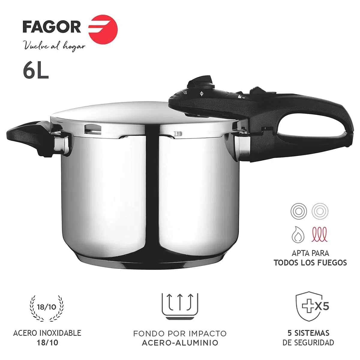 FAGOR Duo Olla a presión Super rápida, Acero Inoxidable 18/10, Todo Tipo de cocinas. Fondo termodifusor IMPAKSTEEL máxima Resistencia, 5 Sistemas Seguridad, 2 Niveles de presión (6L)