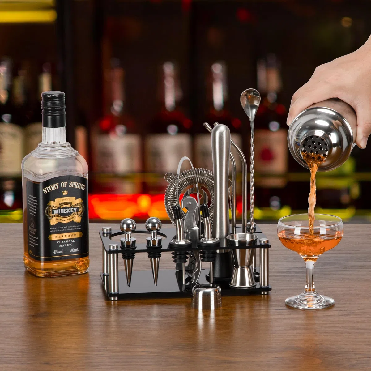 Cinnani 750ML Juego de Coctelera con Soporte,15 Piezas Juego de Coctéles de Acero Inoxidable,Set Cocteleria Profesional,Cocktail Kit,Bartender Set de Cóctel de Acero Inoxidable,Kit Cocktail de Barman