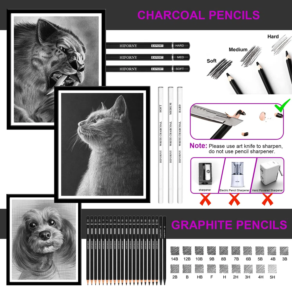 HIFORNY Juego de 70 piezas de dibujo, lápices de dibujo, suministros de arte para adultos, artistas, niños, con libro de bocetos de 3 colores, grafito, pastel, carboncillo
