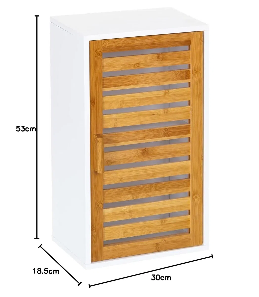 LOLAhome - Armario de baño de Pared Blanco y Madera de bambú de 53x30x18 cm con Puerta de persiana. Solución práctica de almacenaje para Productos de Aseo con Estilo nórdico y ordenado