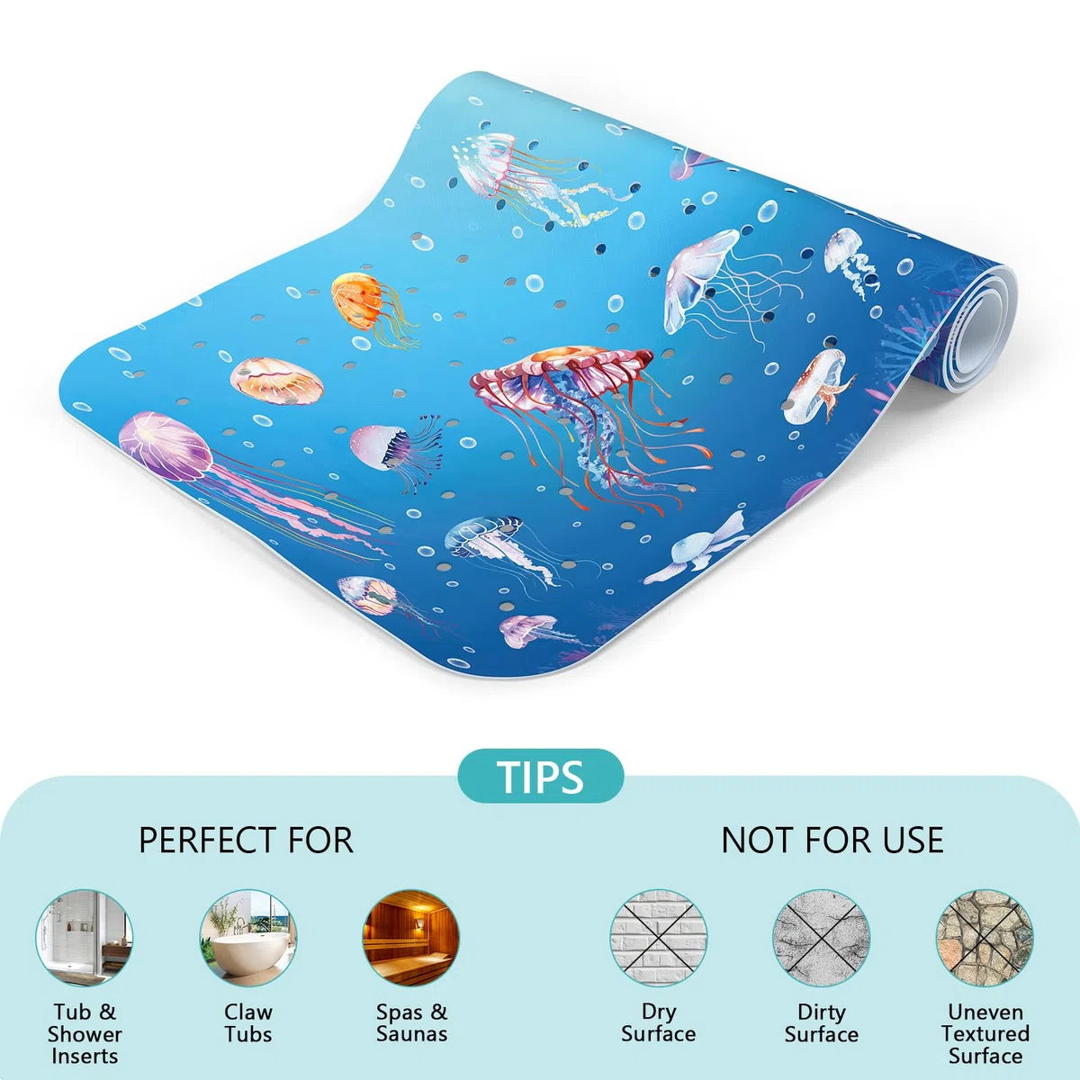 Alfombra Bañera Antideslizante Infantil -100 X 40 cm, Alfombrilla de Baño Antideslizante para Niños, Alfombra Ducha Antideslizante, Resistente al Moho, sin BPA, Lavable a Máquina, Medusa