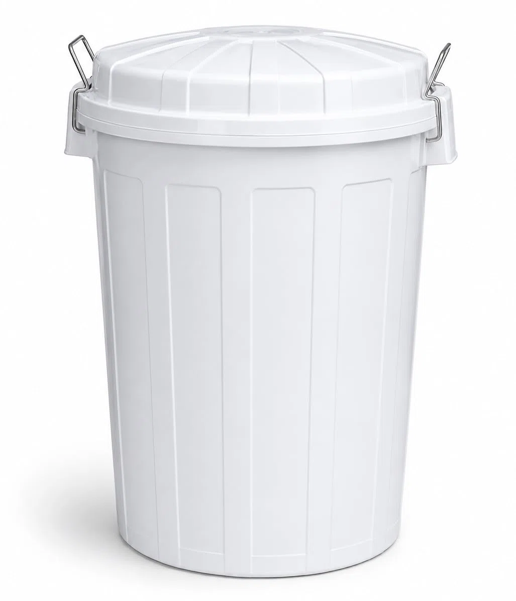 Cubo de Basura 95 Litros con Tapa y Asa Metálica | Contenedor de Polipropileno Resistente a los Golpes | Uso Profesional, Industrial o Doméstico Intensivo | Color Blanco
