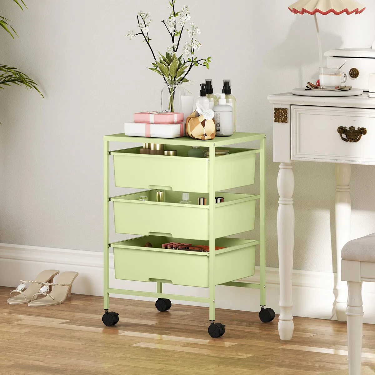 HOMCOM Carrito de Almacenamiento de 4 Niveles, Carrito de Cocina con Ruedas, 3 Cestas, Tablero y Marco de Acero, para Salón, Baño, Oficina, 40,8x33,5x60,5 cm, Verde