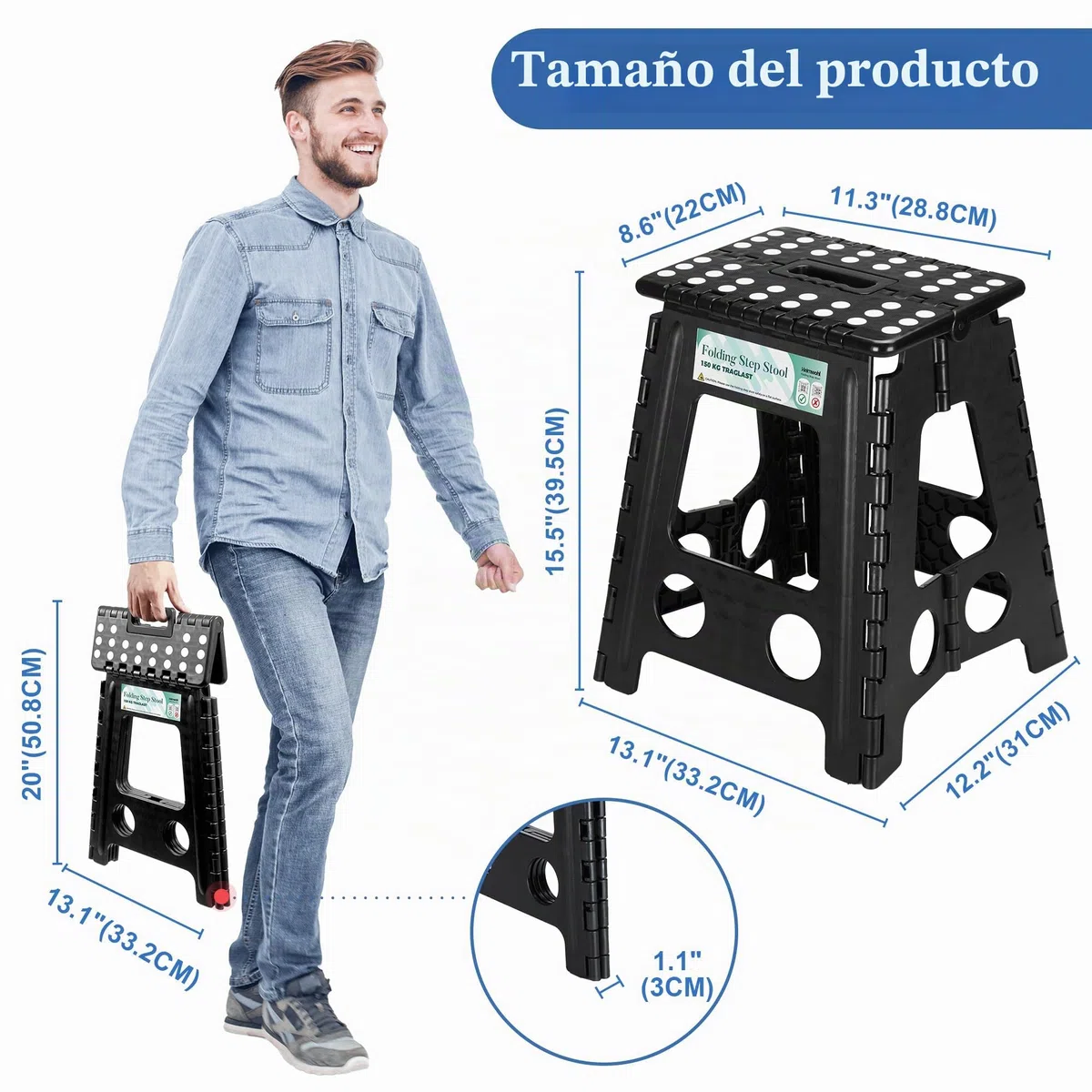 Taburete plegable de 40 cm, color negro, 2025, con capacidad de carga de 150 kg, taburete plegable con bloqueo de seguridad y mango giratorio, ideal para el hogar, oficina, exterior, cuidado