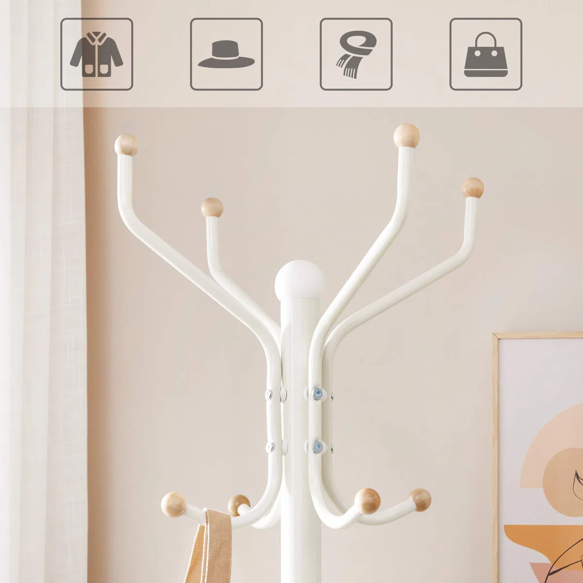 SONGMICS Perchero de Metal, Soporte de Ropa de Pie, Colgador de Bolsos Gorras Ropa, Altura de 182 cm, con 12 Ganchos, Blanco RCR19W
