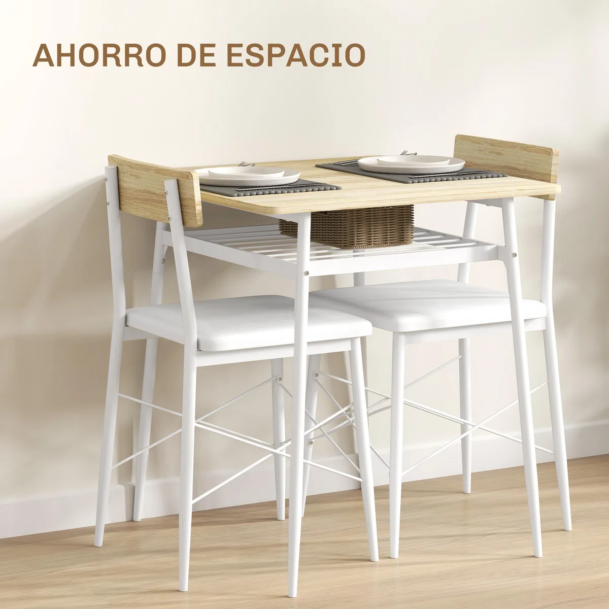 HOMCOM Conjunto de Mesa y Sillas de Comedor de 3 Piezas Mesa con Dos Sillas | sin Brazos, Estante Abierto, Estructura de Acero, Blanco y Roble