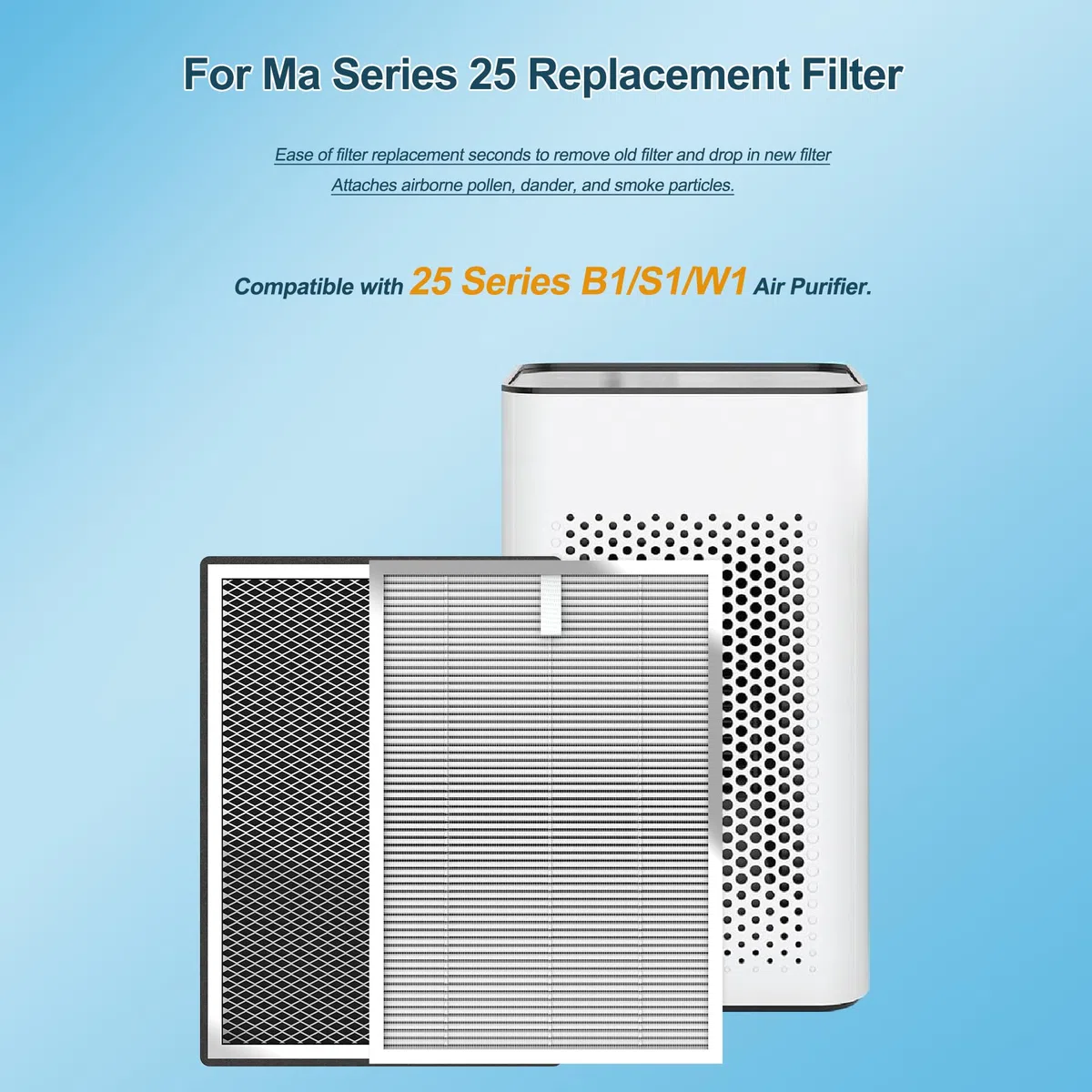Paquete de 8 filtros de repuesto MA-25 compatibles con purificador de aire MA-25 B1/S1/W1, 3 en 1 True Hepa y filtro de carbón activado
