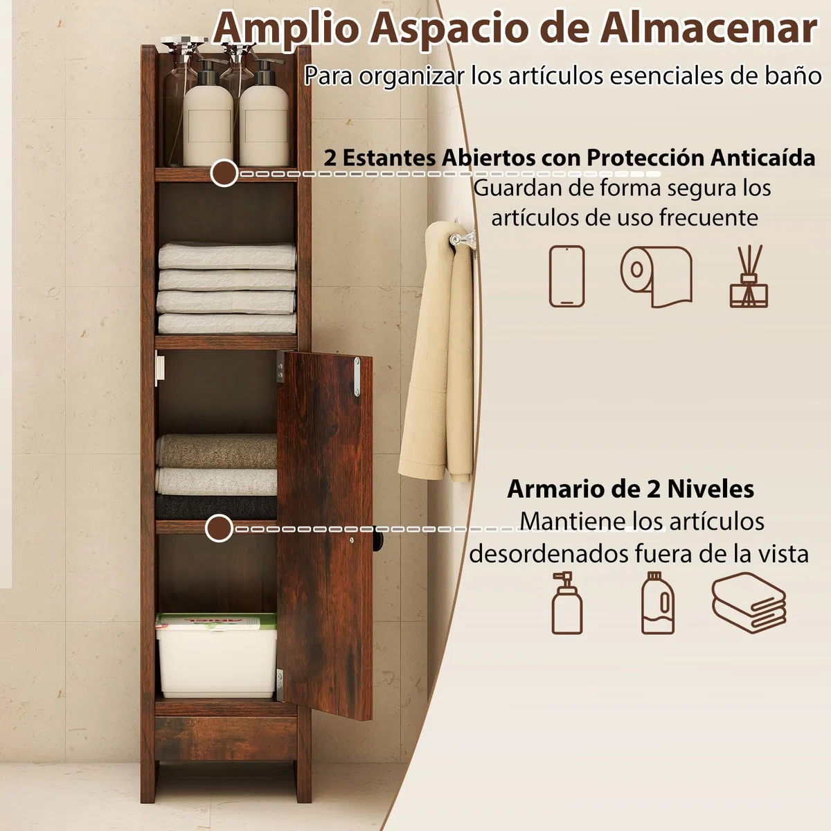 GIANTEX Armario Estrecho de Baño con Puerta, 4 Estantes de Almacenamiento, Estante Interior Ajustable, 18 x 20 x 80 cm, Mueble de Suelo para Baño, Salón, Dormitorio (Marrón)
