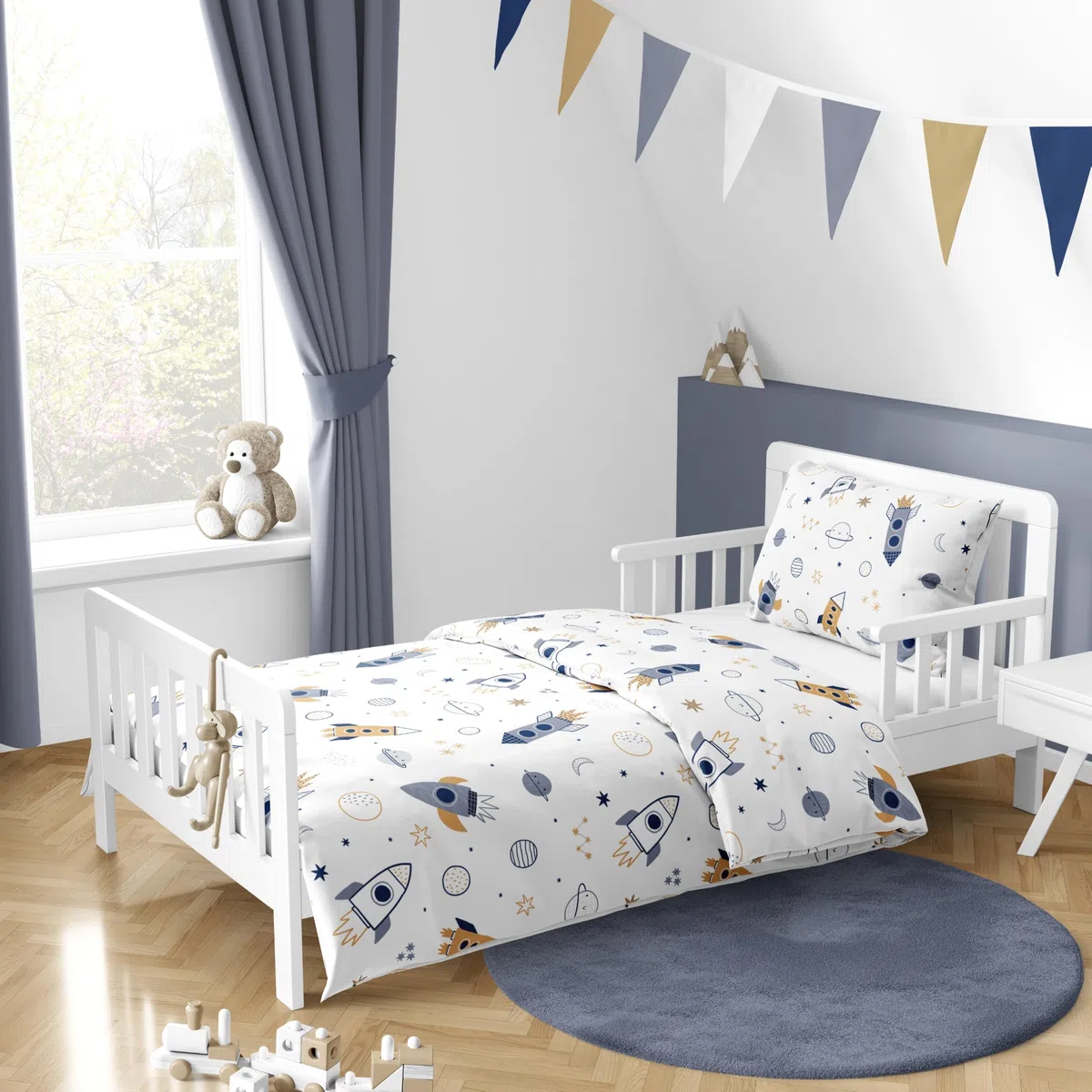 Ropa de cama infantil, diseño de espacio y cohetes, funda nórdica 100x135 cm y funda de almohada 40x60 cm, algodón Öko-Tex (espacio)